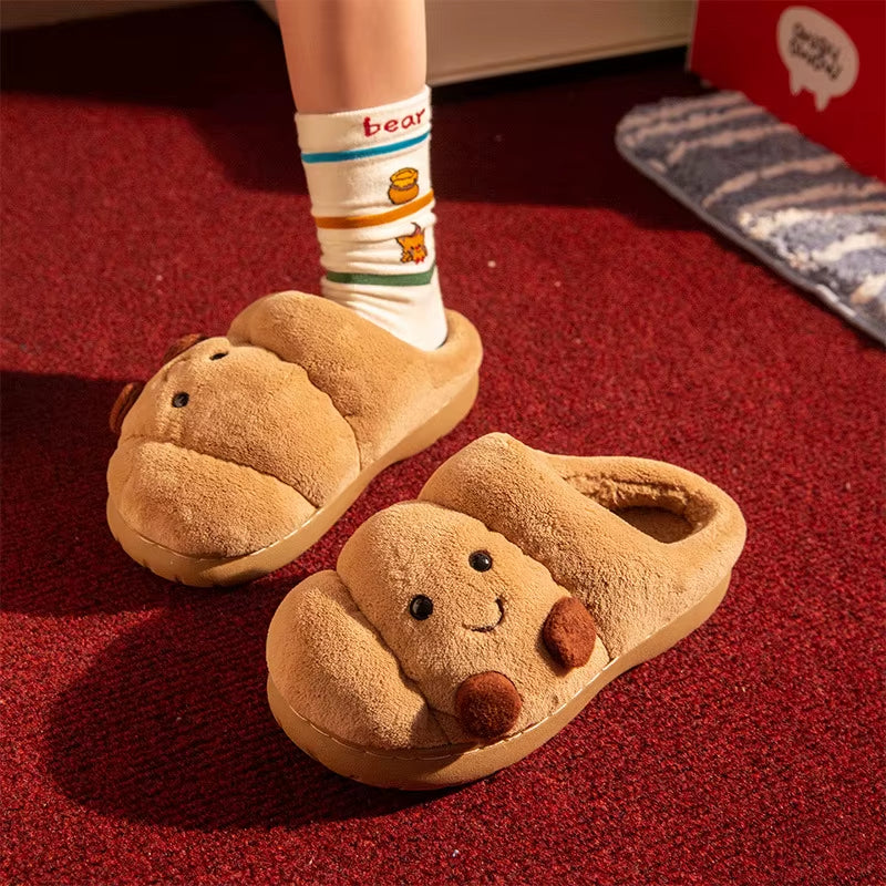 Cute Cartoon Fluffy Slippers for Women Men Winter House Shoes Furry Croissant Bread Style Anti-Slip Couples Home Cotton Slides